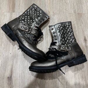 ASH Ryanna Women's US Metallic Silver Bronze Studded Combat Moto Boots Sz 9,5